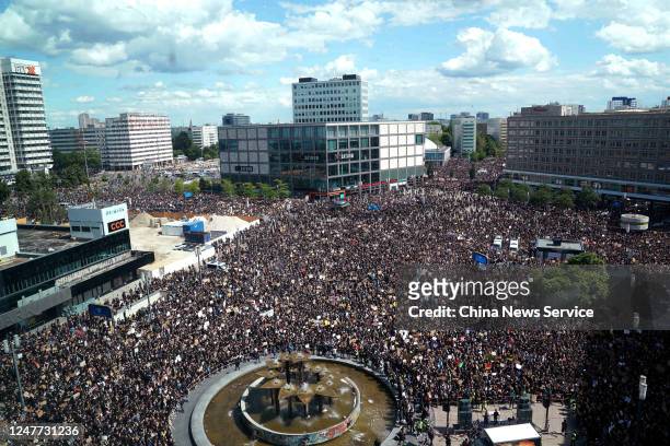 Protesters participate in a rally to show solidarity with the Black Lives Matter movement at Alexanderplatz on June 6, 2020 in Berlin, Germany.