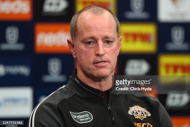 Wests Tigers Head Coach Michael Maguire speaks to media after the round four NRL match between the Gold Coast Titans and the Wests Tigers at Suncorp...
