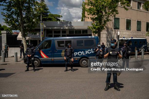 Police secures the area during a Black Lives Matter protest following the death of George Floyd outside the United States Embassy on June 07, 2020 in...