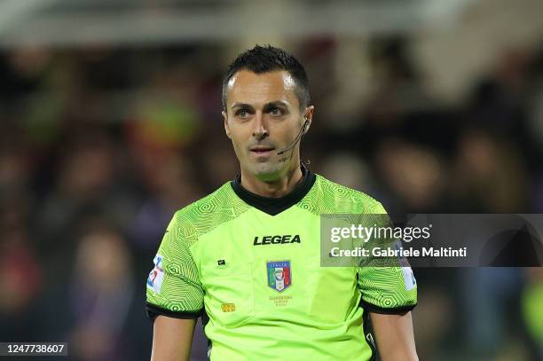 Marco Di Bello referee looks on during the Serie A match between ACF Fiorentina and AC MIlan at Stadio Artemio Franchi on March 4, 2023 in Florence,...