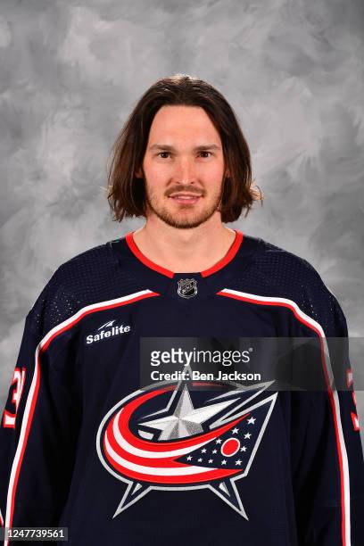 Michael Hutchinson of the Columbus Blue Jackets poses for his official headshot for the 2022-2023 season at Nationwide Arena on March 3, 2023 in...