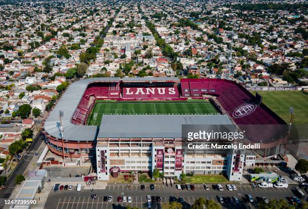 Aerial view of Estadio Ciudad de Lanus before a match between Lanus and River Plate as part of Liga Profesional 2023 at Estadio Ciudad de Lanus on...