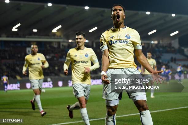 Porto's British forward Danny Namaso Loader celebrates after scoring a goal during the Portuguese League football match between GD Chaves and FC...