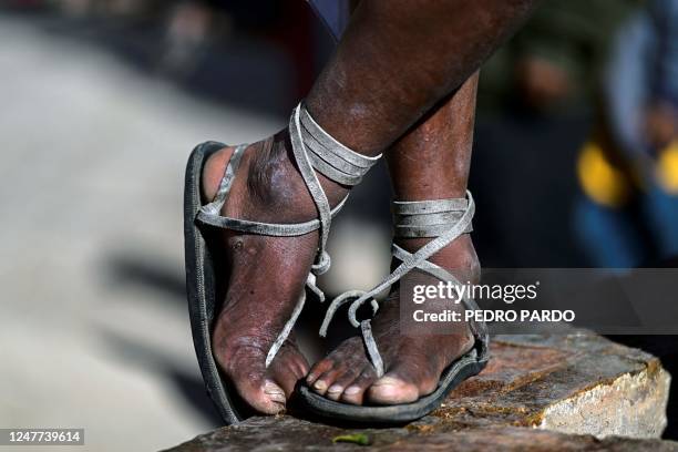 Detail of the feet of a Raramuri during the first day of activities of the ultra marathon "Caballo Blanco" in Urique, Chihuahua state, Mexico, on...