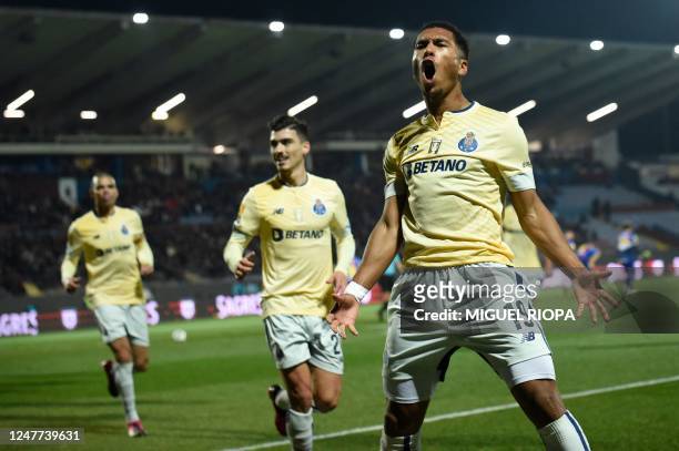 Porto's British forward Danny Namaso Loader celebrates after scoring a goal during the Portuguese League football match between GD Chaves and FC...