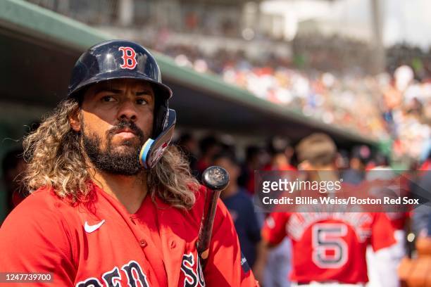 Jorge Alfaro of the Boston Red Sox reacts during the second inning of a Spring Training Grapefruit League game against the Houston Astros on March 4,...