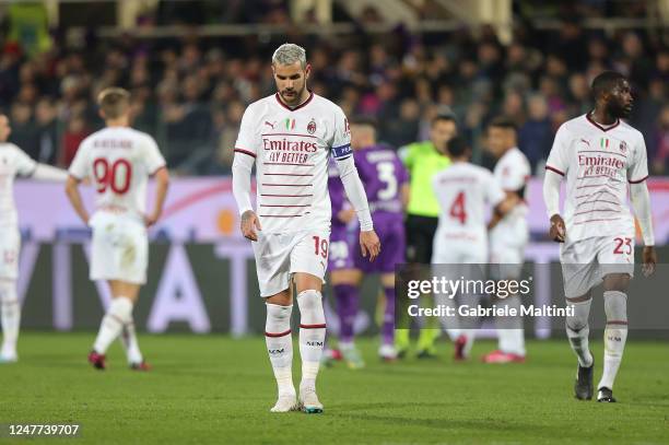 Theo Bernard François Hernández of AC Milan reacts during the Serie A match between ACF Fiorentina and AC MIlan at Stadio Artemio Franchi on March 4,...