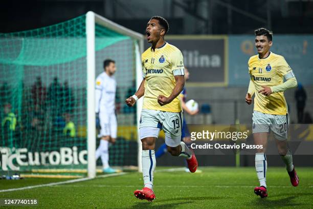 Danny Namaso of FC Porto celebrates after scoring te team's first goal during the Liga Portugal Bwin match between GD Chaves and FC Porto at Estadio...