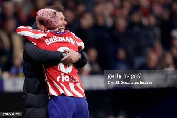 Antoine Griezmann of Atletico Madrid celebrates 3-1 with coach Diego Pablo Simeone of Atletico Madrid during the La Liga Santander match between...