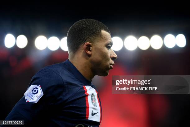 Paris Saint-Germain's French forward Kylian Mbappe reacts during the French L1 football match between Paris Saint-Germain and FC Nantes at The Parc...