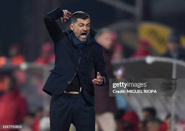 Porto's Portuguese coach Sergio Conceicao gestures during the Portuguese League football match between GD Chaves and FC Porto, at the Municipal Eng....