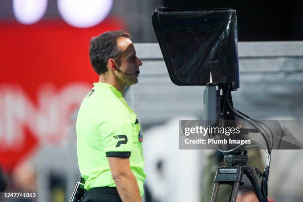 Referee checking the video assistant referee VAR during the Jupiler Pro League match between OH Leuven and SV Zulte Waregem at the King Power at Den...