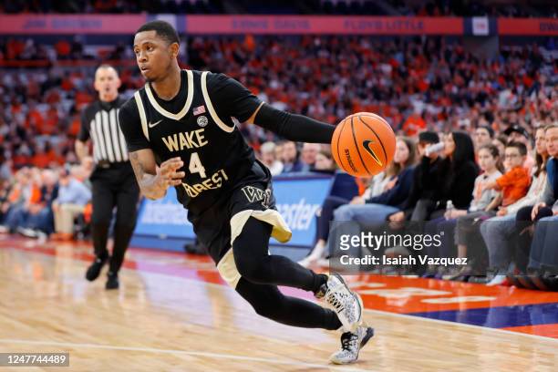 Daivien Williamson of the Wake Forest Demon Deacons drives to the basket against the Syracuse Orange during the first half of the game at JMA...