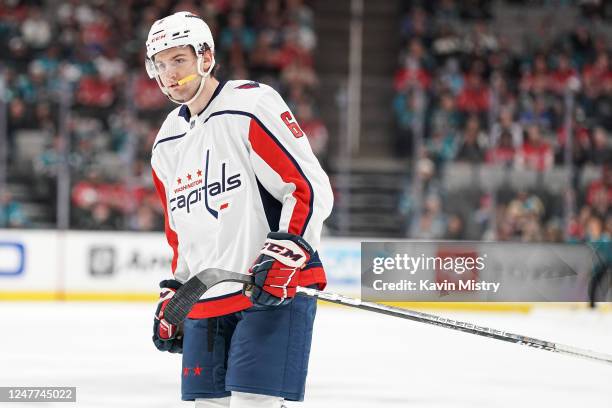 Vincent Iorio of the Washington Capitals skates between plays against the San Jose Sharks at SAP Center on March 4, 2023 in San Jose, California.