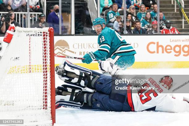Tomas Hertl of the San Jose Sharks scores a goal against the Washington Capitals at SAP Center on March 4, 2023 in San Jose, California.