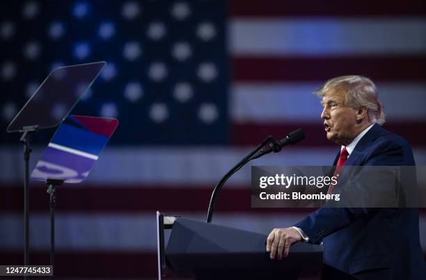 Former US President Donald Trump speaks during the Conservative Political Action Conference in National Harbor, Maryland, US, on Saturday, March 4,...