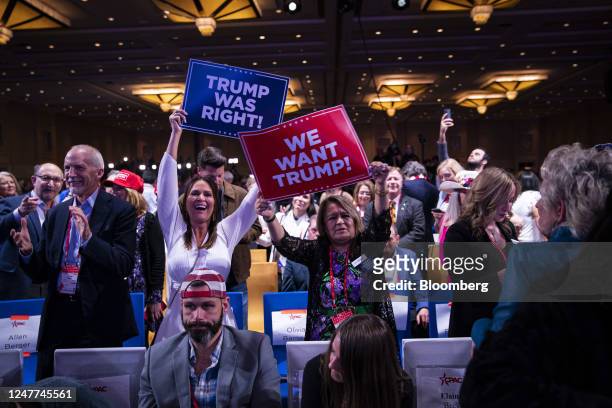 Attendees cheer prior to former US President Donald Trump, not pictured, arriving during the Conservative Political Action Conference in National...