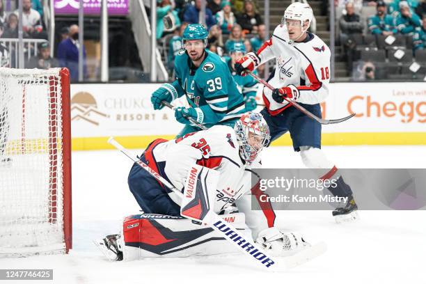 Darcy Kuemper of the Washington Capitals makes a save against the San Jose Sharks at SAP Center on March 4, 2023 in San Jose, California.