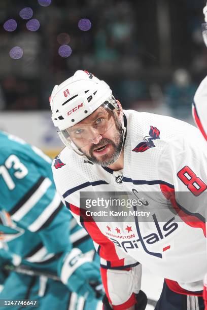 Alex Ovechkin of the Washington Capitals waits between plays against the San Jose Sharks at SAP Center on March 4, 2023 in San Jose, California.