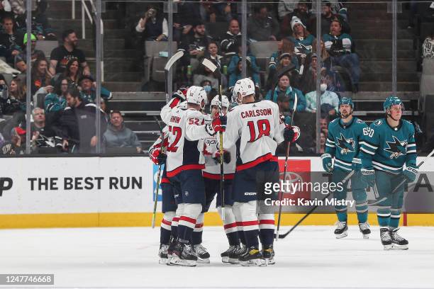 Matt Irwin and Gabriel Carlsson of the Washington Capitals celebrate scoring a goal against the San Jose Sharks at SAP Center on March 4, 2023 in San...