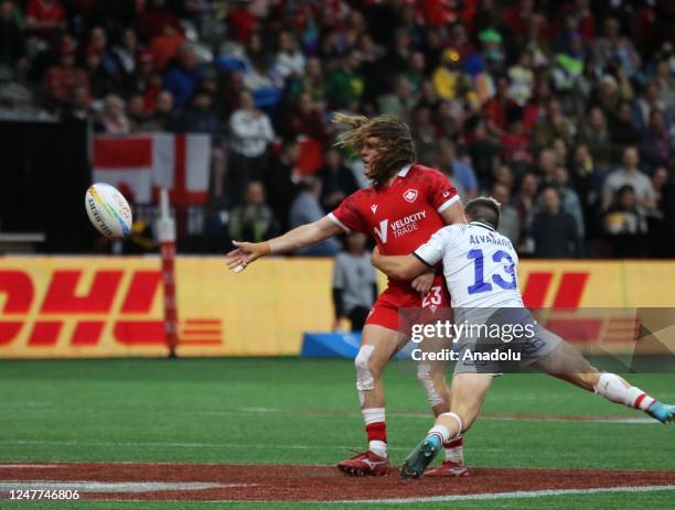 Thomas Isherwood of Canada in action against Tomas Alvarado of Chile during the World Rugby Seven Series 2023 match between Canada and Chile at BC...