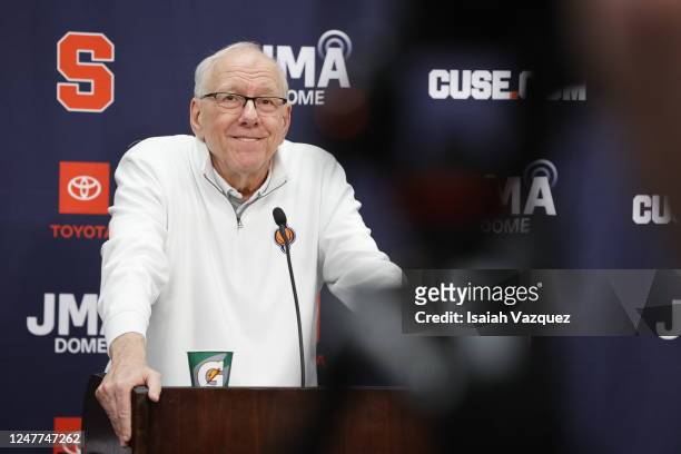 Head coach Jim Boeheim of the Syracuse Orange smiles during the press conference following a game between the Syracuse Orange and the Wake Forest...