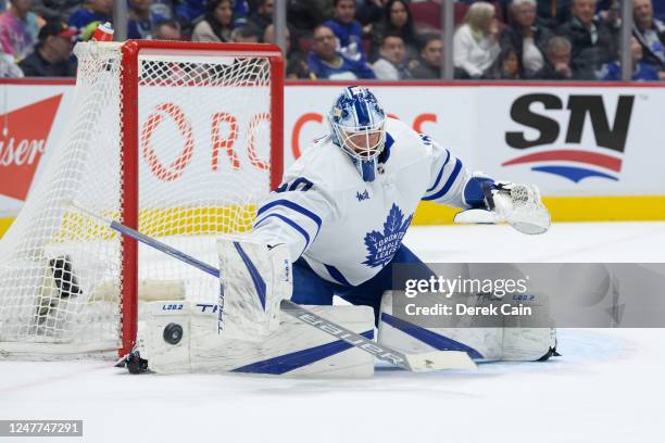 Matt Murray of the Toronto Maple Leafs makes a save against the Vancouver Canucks during the first period of their NHL game at Rogers Arena on March...