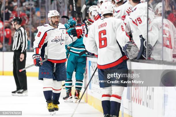 Alex Ovechkin of the Washington Capitals celebrates scoring a goal against the San Jose Sharks at SAP Center on March 4, 2023 in San Jose, California.