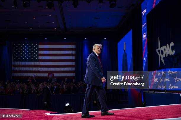 Former US President Donald Trump departs during the Conservative Political Action Conference in National Harbor, Maryland, US, on Saturday, March 4,...