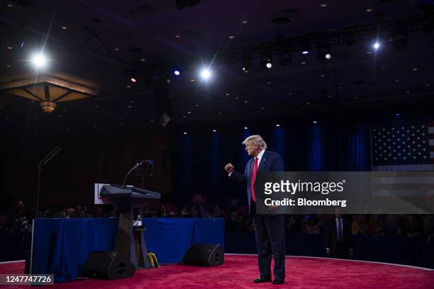 Former US President Donald Trump departs during the Conservative Political Action Conference in National Harbor, Maryland, US, on Saturday, March 4,...