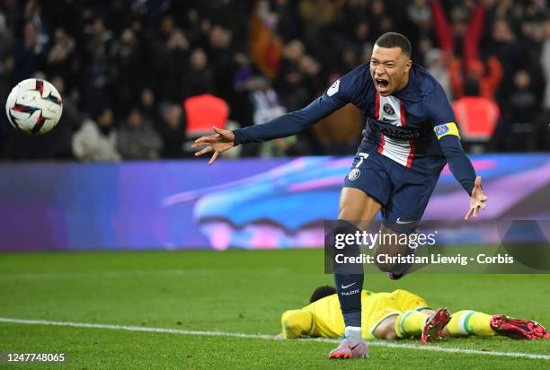 Kylian Mbappé of Paris Saint-Germain celebrates his goal in action during the French Ligue 1 between Paris Saint-Germain and FC Nantes at Parc des...