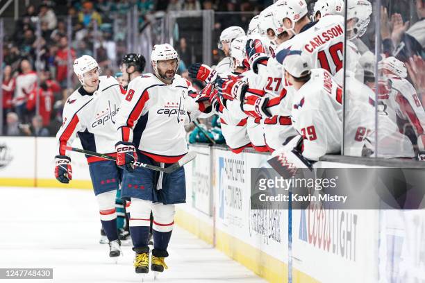 Alex Ovechkin of the Washington Capitals celebrates scoring a goal against the San Jose Sharks at SAP Center on March 4, 2023 in San Jose, California.