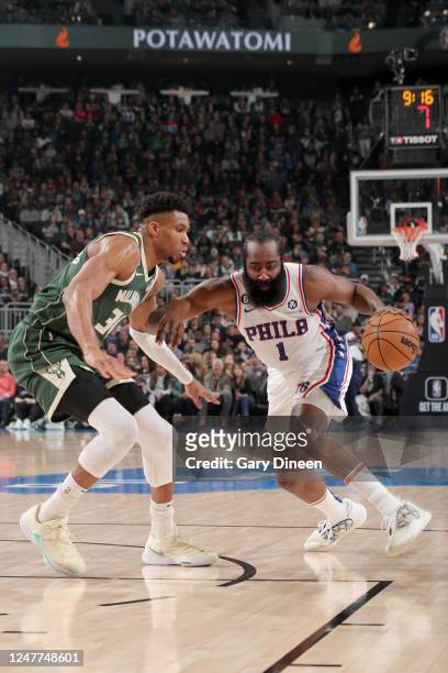 James Harden of the Philadelphia 76ers dribbles the ball against the Milwaukee Bucks on March 4, 2023 at the Fiserv Forum Center in Milwaukee,...