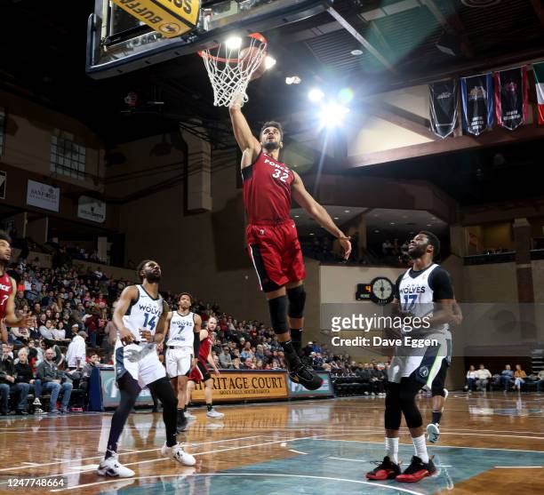March 4: Ömer Yurtseven of the Sioux Falls Skyforce dunks against the Iowa Wolves at the Sanford Pentagon on March 4, 2023 in Sioux Falls, South...