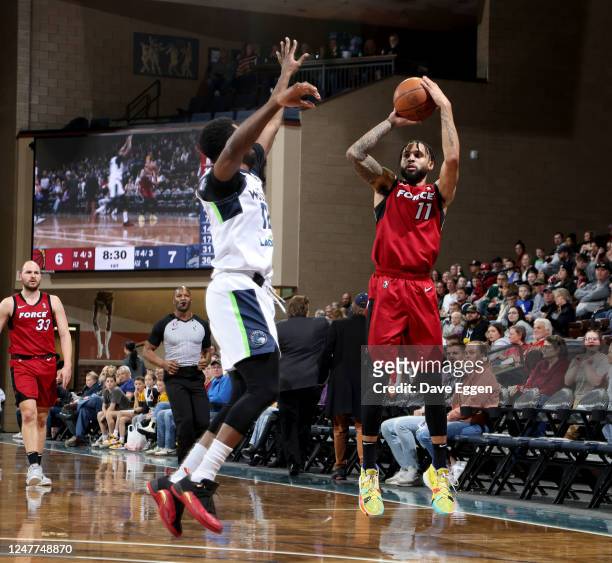 March 4: Mychal Mulder of the Sioux Falls Skyforce shoots a three pointer against the Iowa Wolves at the Sanford Pentagon on March 4, 2023 in Sioux...