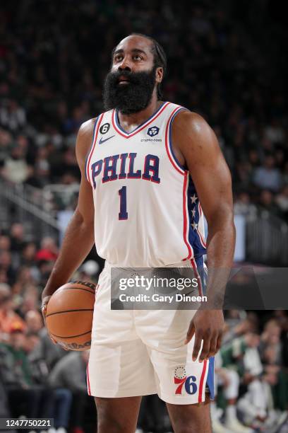 James Harden of the Philadelphia 76ers shoots a free throw against the Milwaukee Bucks on March 4, 2023 at the Fiserv Forum Center in Milwaukee,...