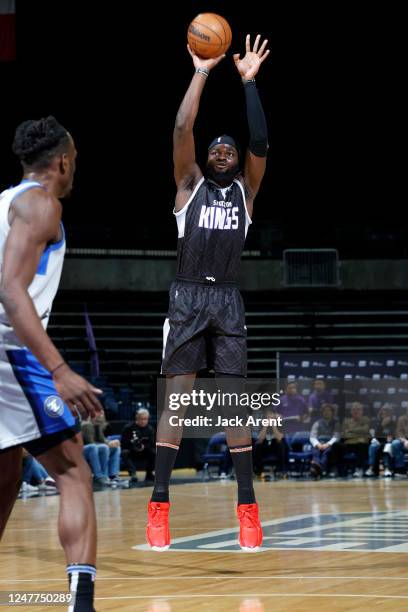 Neemias Queta of the Stockton Kings shoots the ball against the Texas Legends during the match on March 4, 2023 at Stockton Arena in Stockton,...