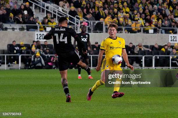 Aidan Morris of the Columbus Crew blocks a shot by Andy Najar of D.C. United during the second half between the the Columbus Crew and the D.C. United...