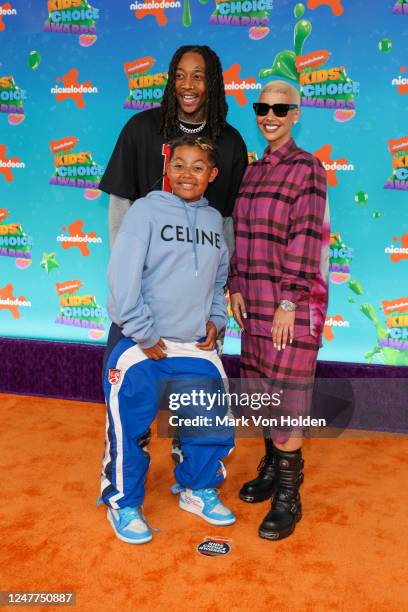 Wiz Khalifa, Sebastian Taylor Thomaz, and Amber Rose arrive at the Nickelodeon Kids' Choice Awards 2023 held at Microsoft Theater on March 4, 2023 in...
