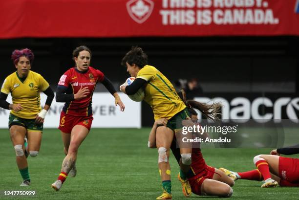 Players in action during the World Rugby Women's Sevens Series match between Brazil and Spain at BC Place Stadium in Vancouver, British Columbia,...