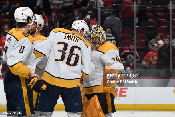 The Nashville Predators celebrate after defeating the Chicago Blackhawks 3 to 1 at United Center on March 04, 2023 in Chicago, Illinois.