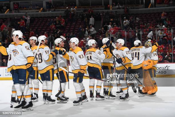 The Nashville Predators celebrate after defeating the Chicago Blackhawks 3 to 1 at United Center on March 04, 2023 in Chicago, Illinois.