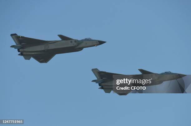 Stealth fighters perform during a fly-past at the 2022 Zhuhai Air Show in Zhuhai, south China's Guangdong province, Nov. 10, 2022. On March 5 China's...