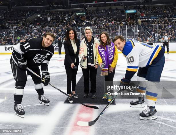 Anze Kopitar of the Los Angeles Kings, Los Angeles Kings Manon Rhéaume, ACFC Bianca Henninger, Los Angeles Sparks President Vanessa Shay and Brayden...