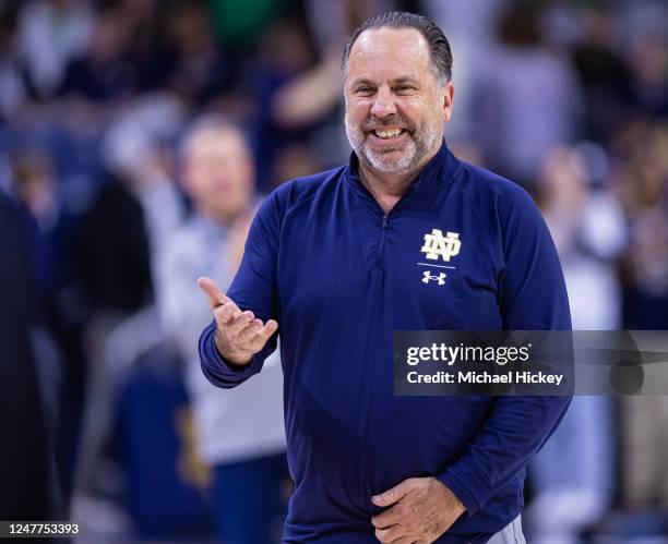 Head coach Mike Brey of the Notre Dame Fighting Irish is seen during the game against the Pittsburgh Panthers at Joyce Center on March 1, 2023 in...