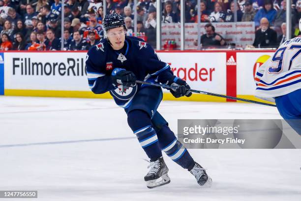 Vladislav Namestnikov of the Winnipeg Jets keeps an eye on the play during first period action against the Edmonton Oilers at the Canada Life Centre...