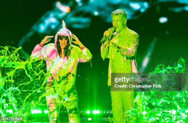 Michelle Rodriguez and Chris Pine at the Nickelodeon Kids' Choice Awards 2023 held at Microsoft Theater on March 4, 2023 in Los Angeles, California.