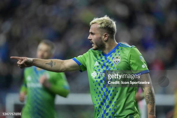 Seattle Sounders forward Jordan Morris celebrates his 1st half goal during an MLS game between Real Salt Lake and the Seattle Sounders on March 4,...