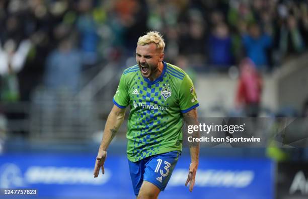 Seattle Sounders forward Jordan Morris celebrates his 1st half goal during an MLS game between Real Salt Lake and the Seattle Sounders on March 4,...