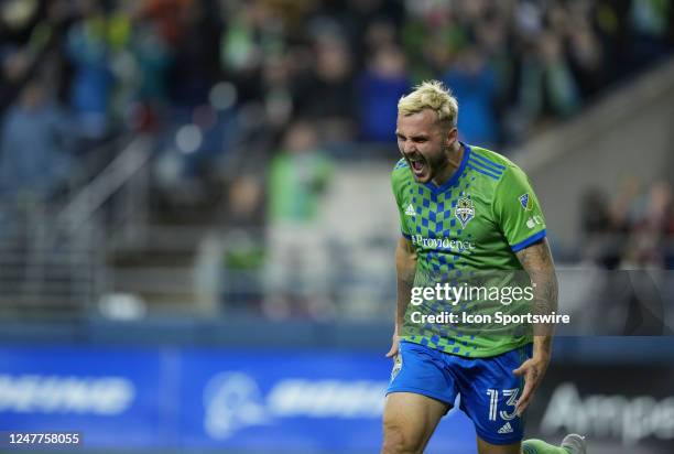 Seattle Sounders forward Jordan Morris celebrates his 1st half goal during an MLS game between Real Salt Lake and the Seattle Sounders on March 4,...